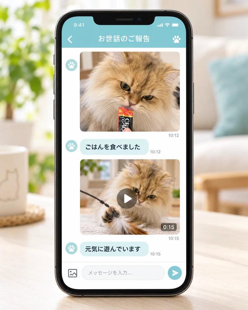 猫の食事の写真と遊ぶ動画を、メッセージとともにスマートフォンで確認する報告イメージ