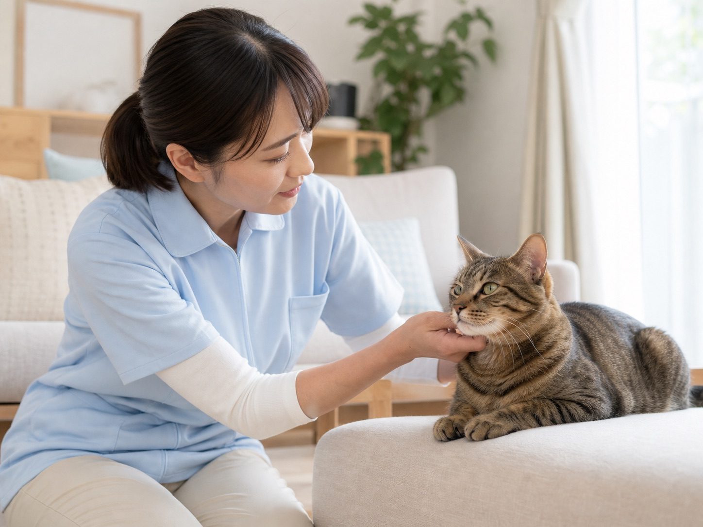 自宅で猫を見守るペットケアスタッフ