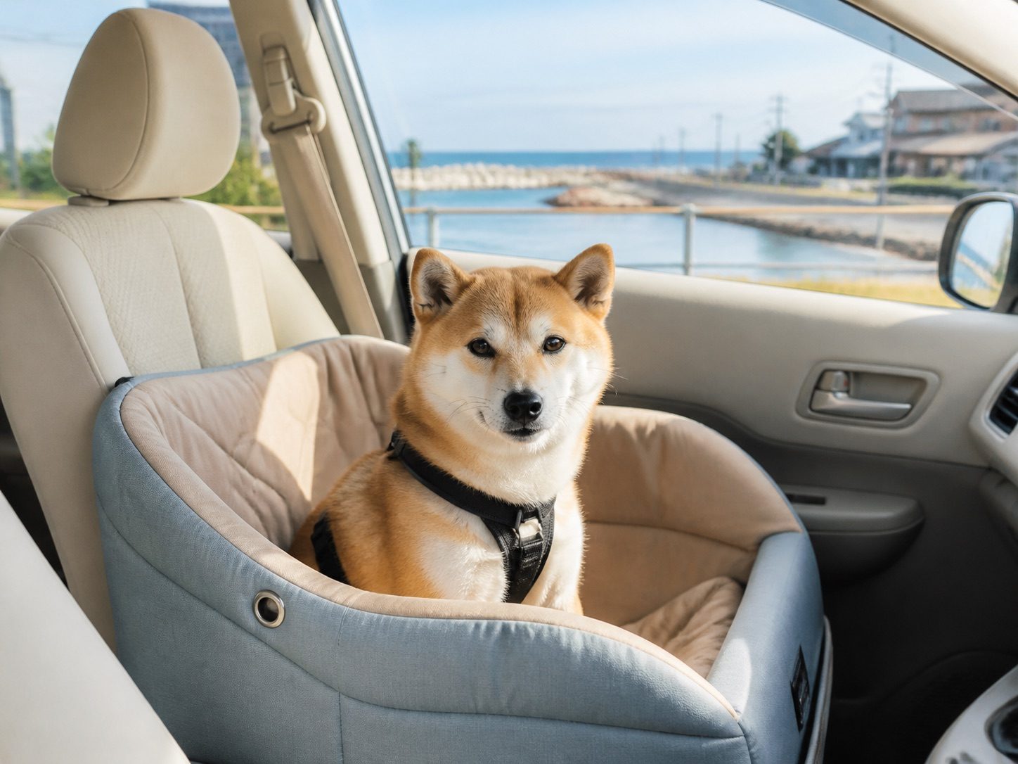 安全なシートで移動する柴犬