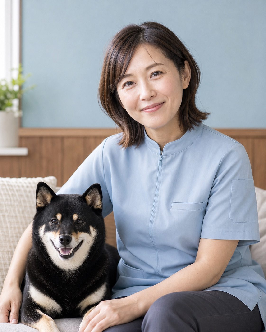 犬と一緒に微笑むペットケアスタッフ